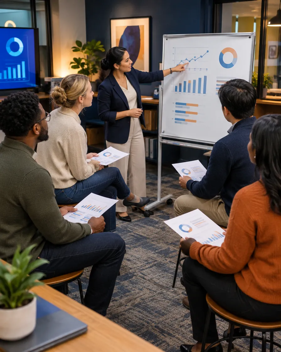 Health plan claims team meeting with a presenter