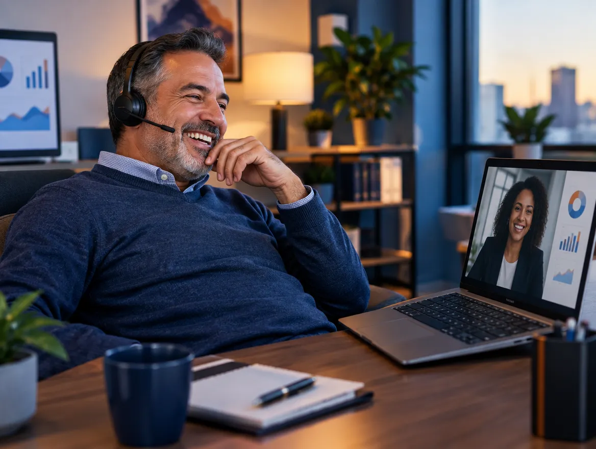 Smiling claims agent in a headset on a video call
