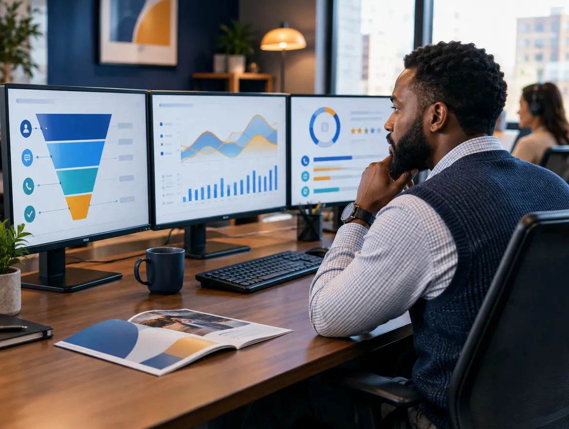 Analyst reviewing health plan member dashboards on three monitors