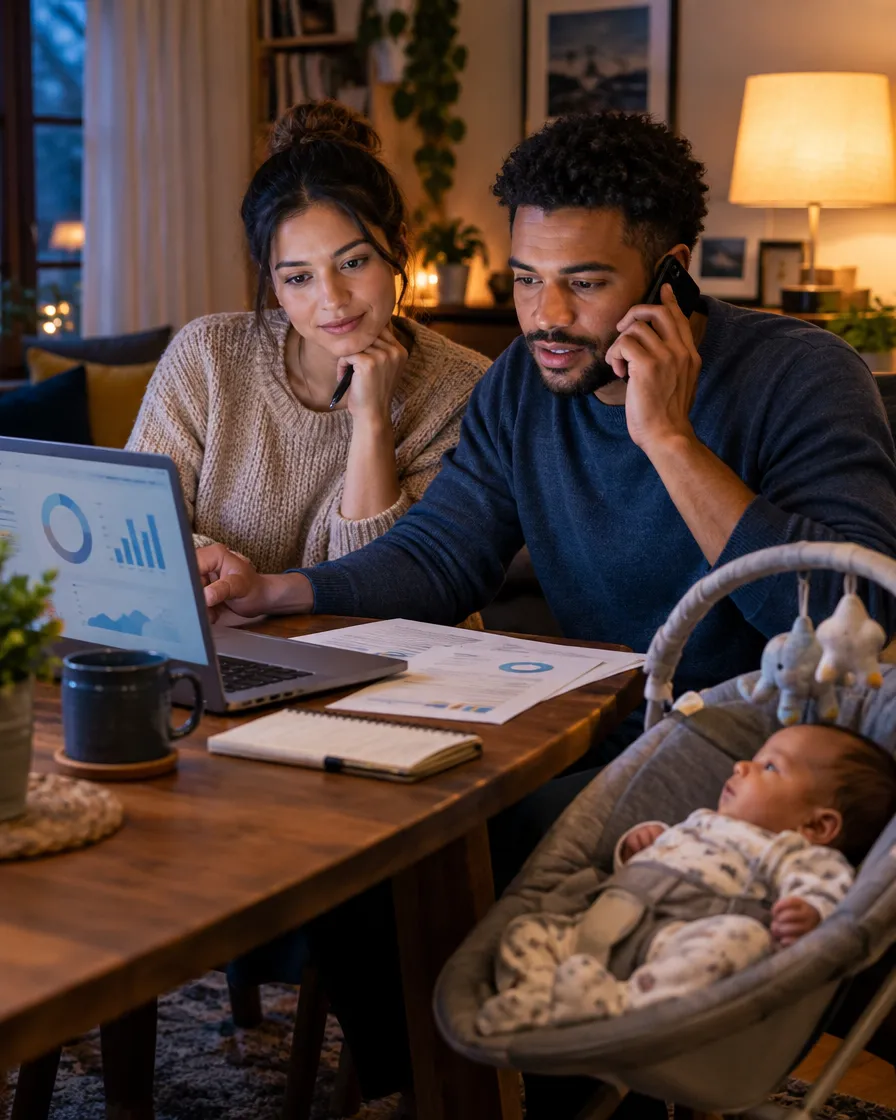 Parents on the phone reviewing health plan details at home with a baby nearby