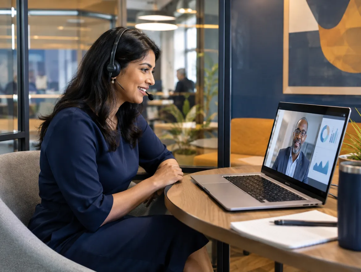 Health plan support agent in a headset on a video call