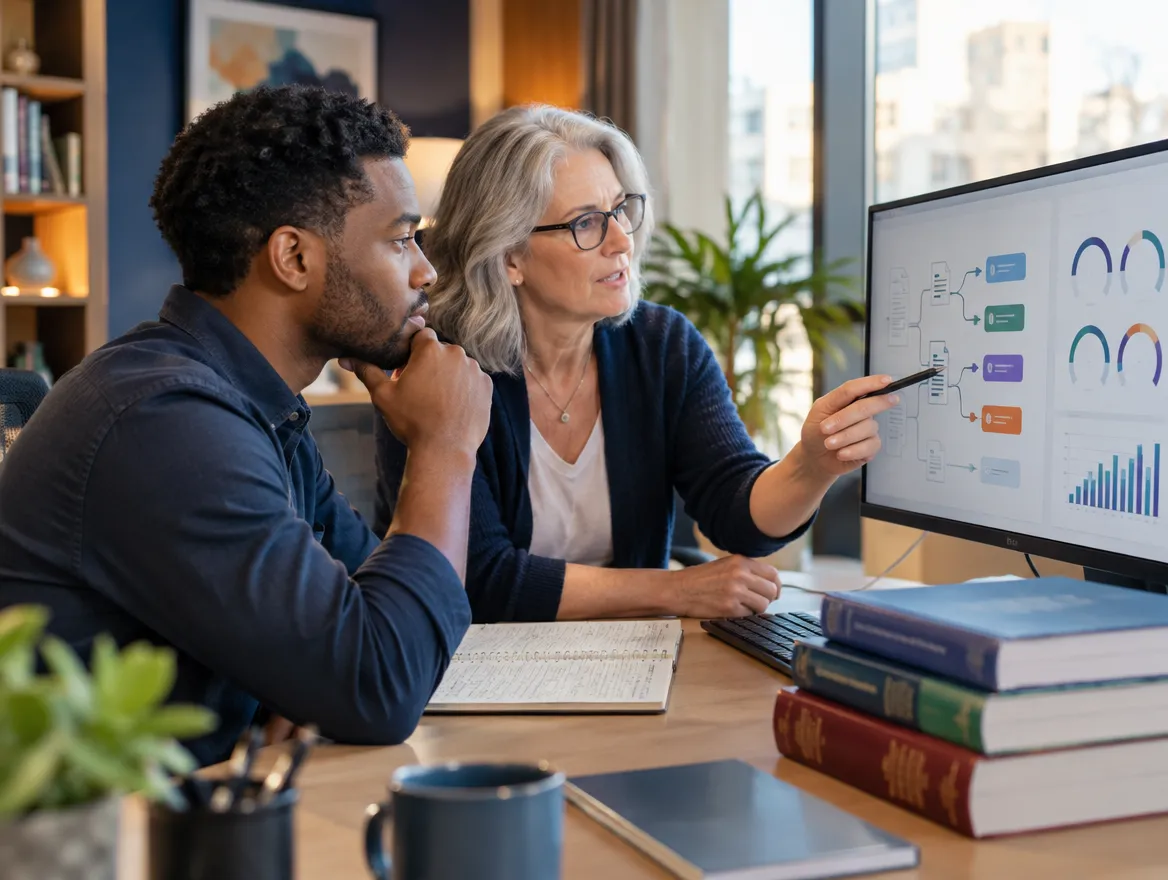 Two healthcare analysts reviewing performance charts on a monitor