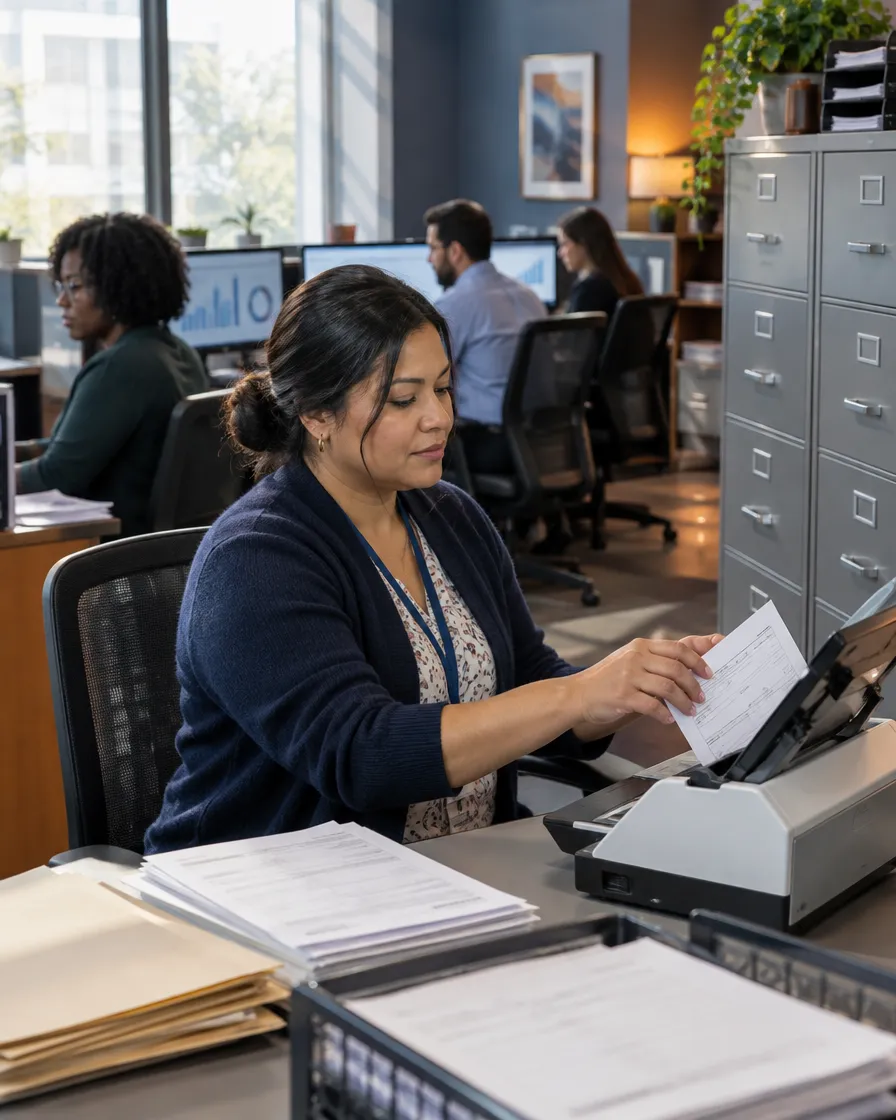 Healthcare back-office specialist processing medical paperwork