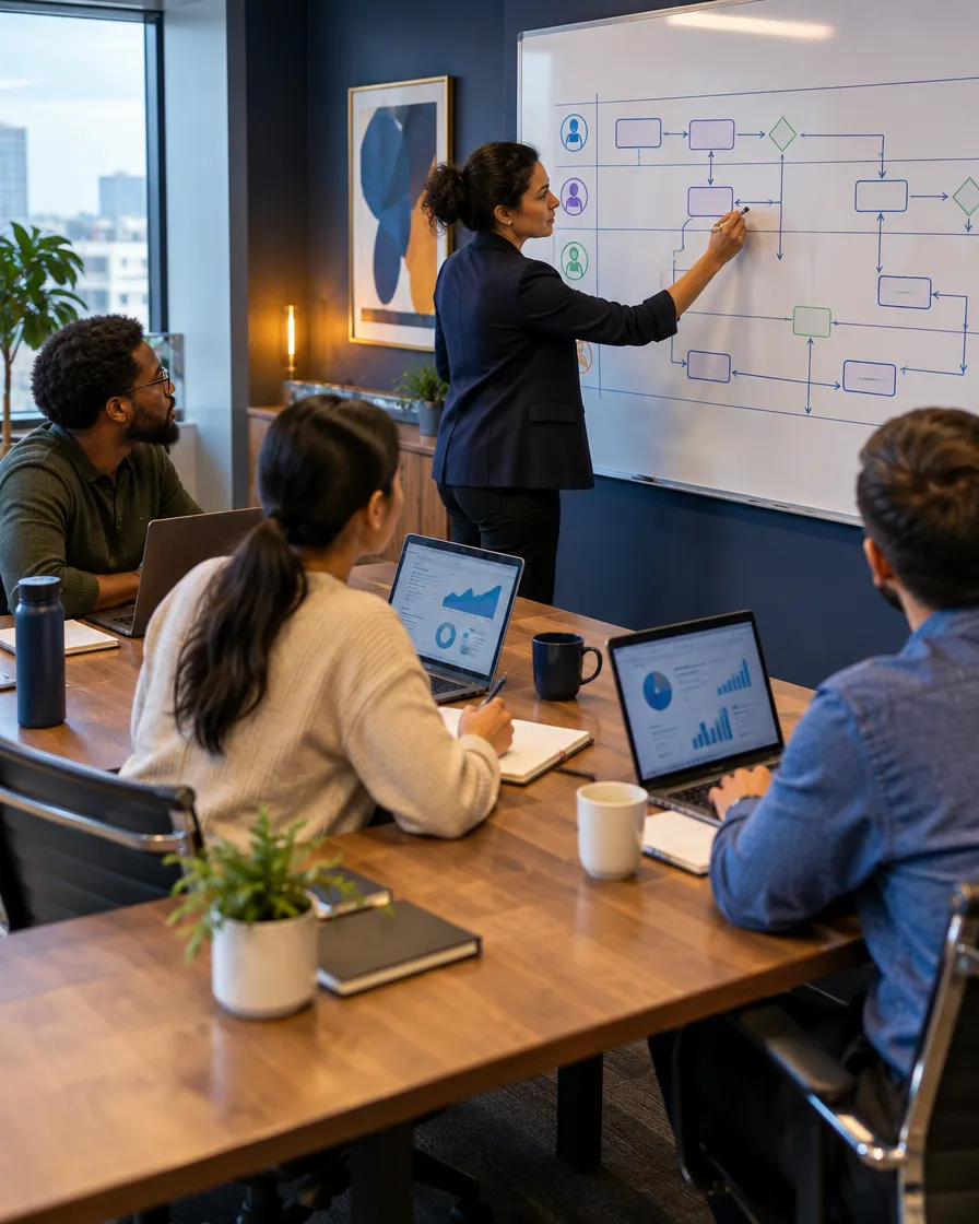 Healthcare BPO team meeting with a presenter at a whiteboard