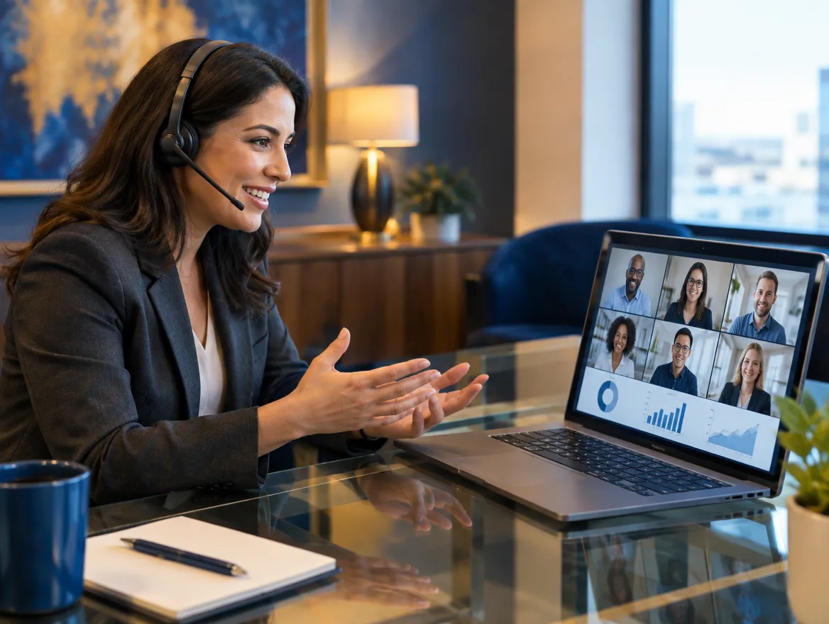 Healthcare BPO agent in a headset on a video conference