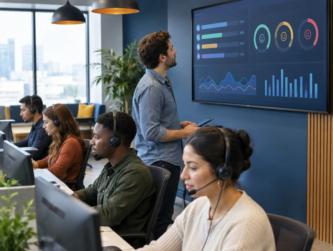 Healthcare contact center floor with a live dashboard on the wall