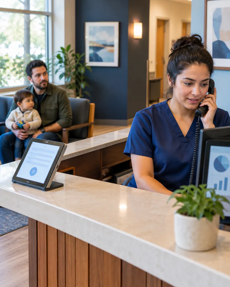 Clinic receptionist on the phone at the front desk