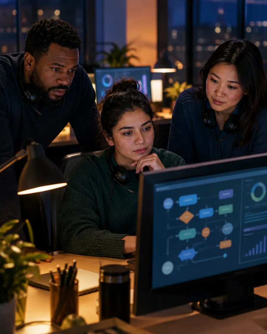 Healthcare call center agents reviewing patient workflows on screens