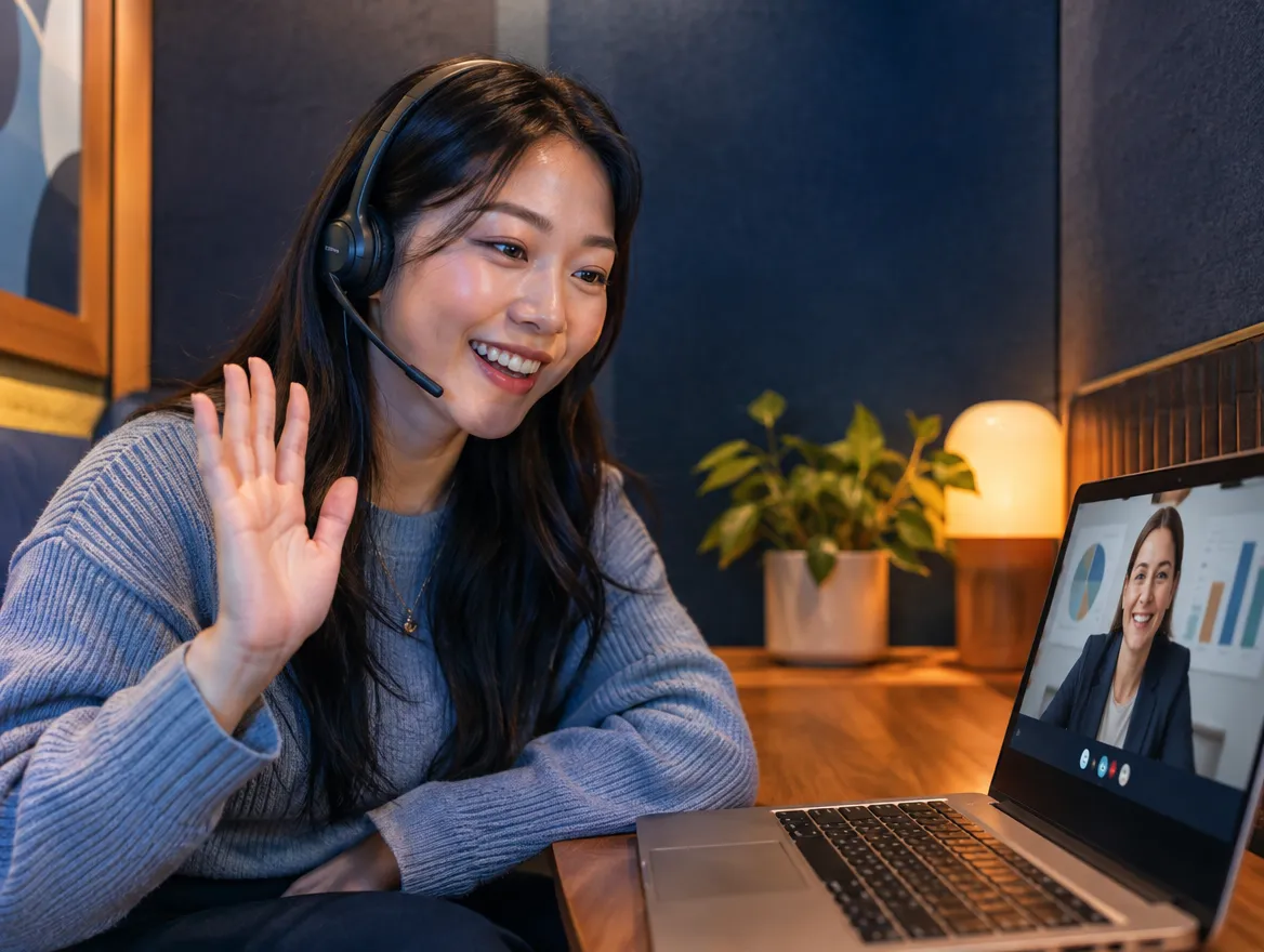 Healthcare support agent in a headset waving on a video call