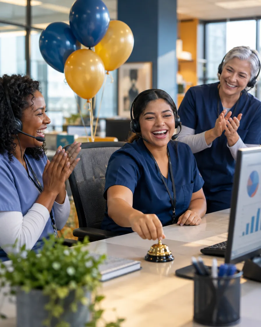 Healthcare support team celebrating with balloons