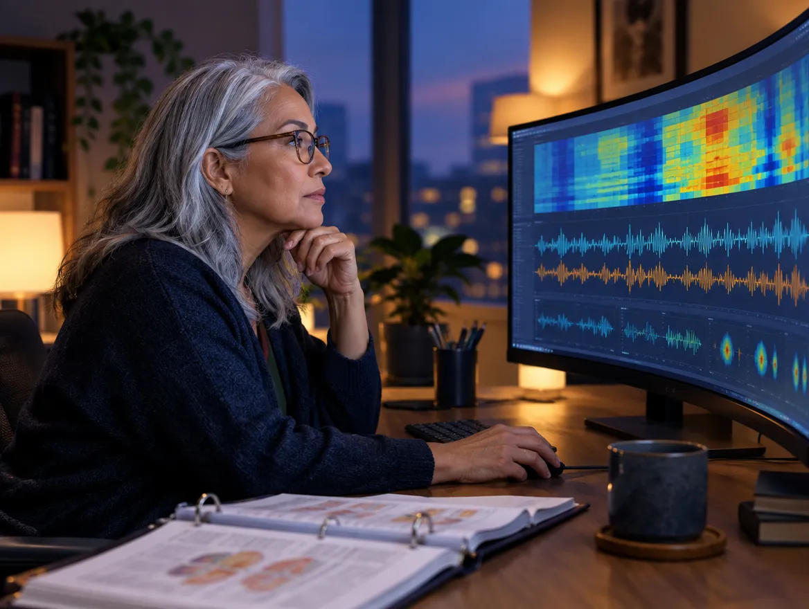 Analyst reviewing healthcare data visualizations on a curved monitor