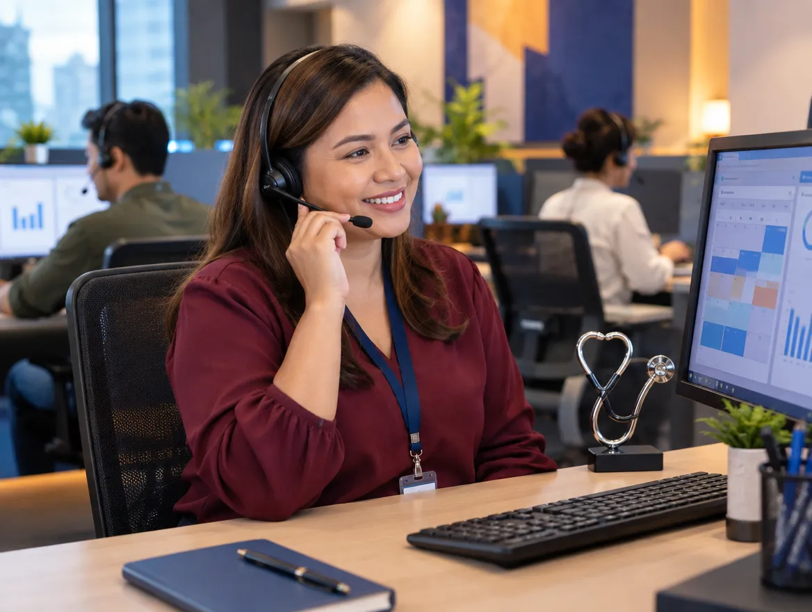 Healthcare support agent in a headset working at her desk with a stethoscope nearby