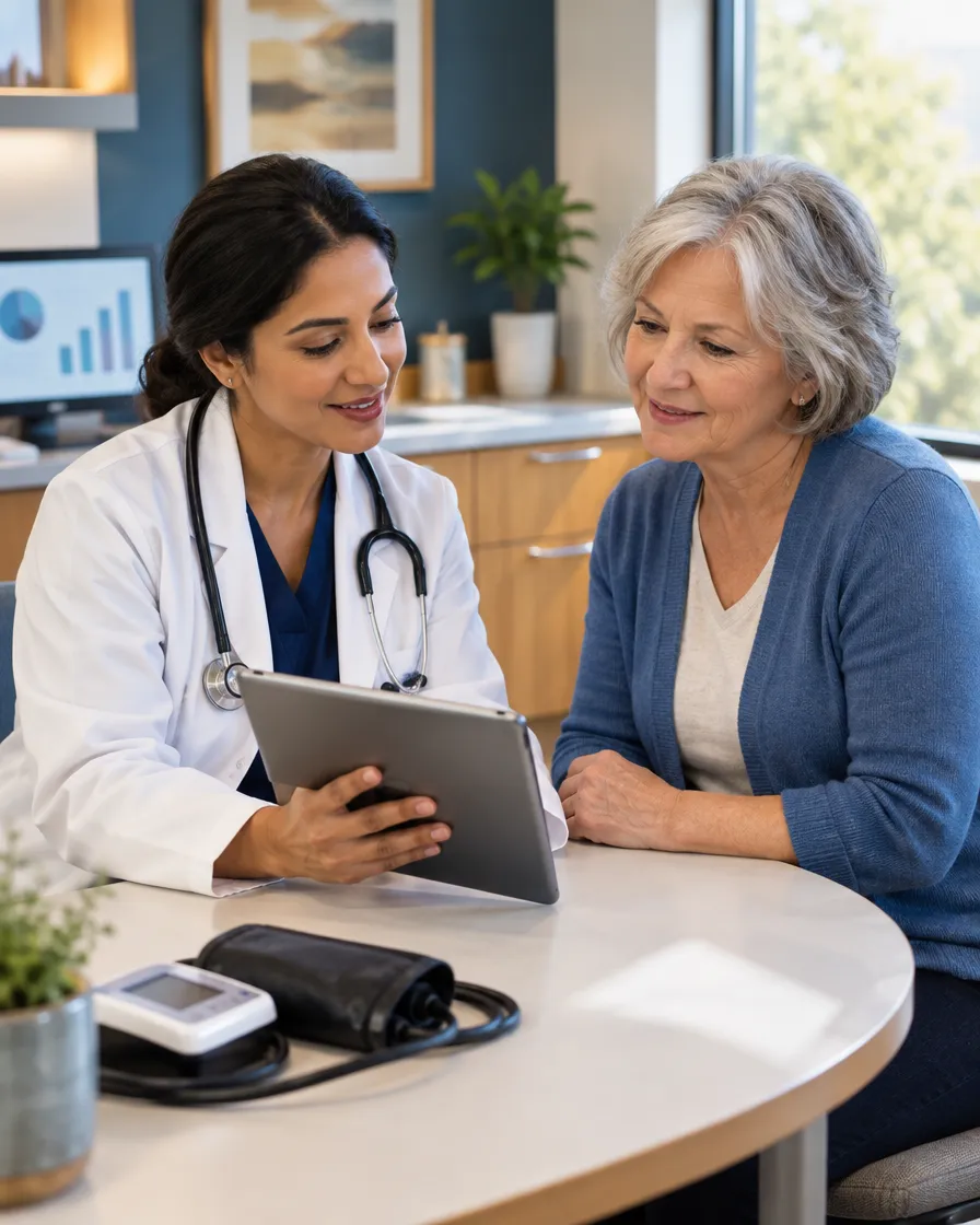 Doctor reviewing results on a tablet with a senior patient