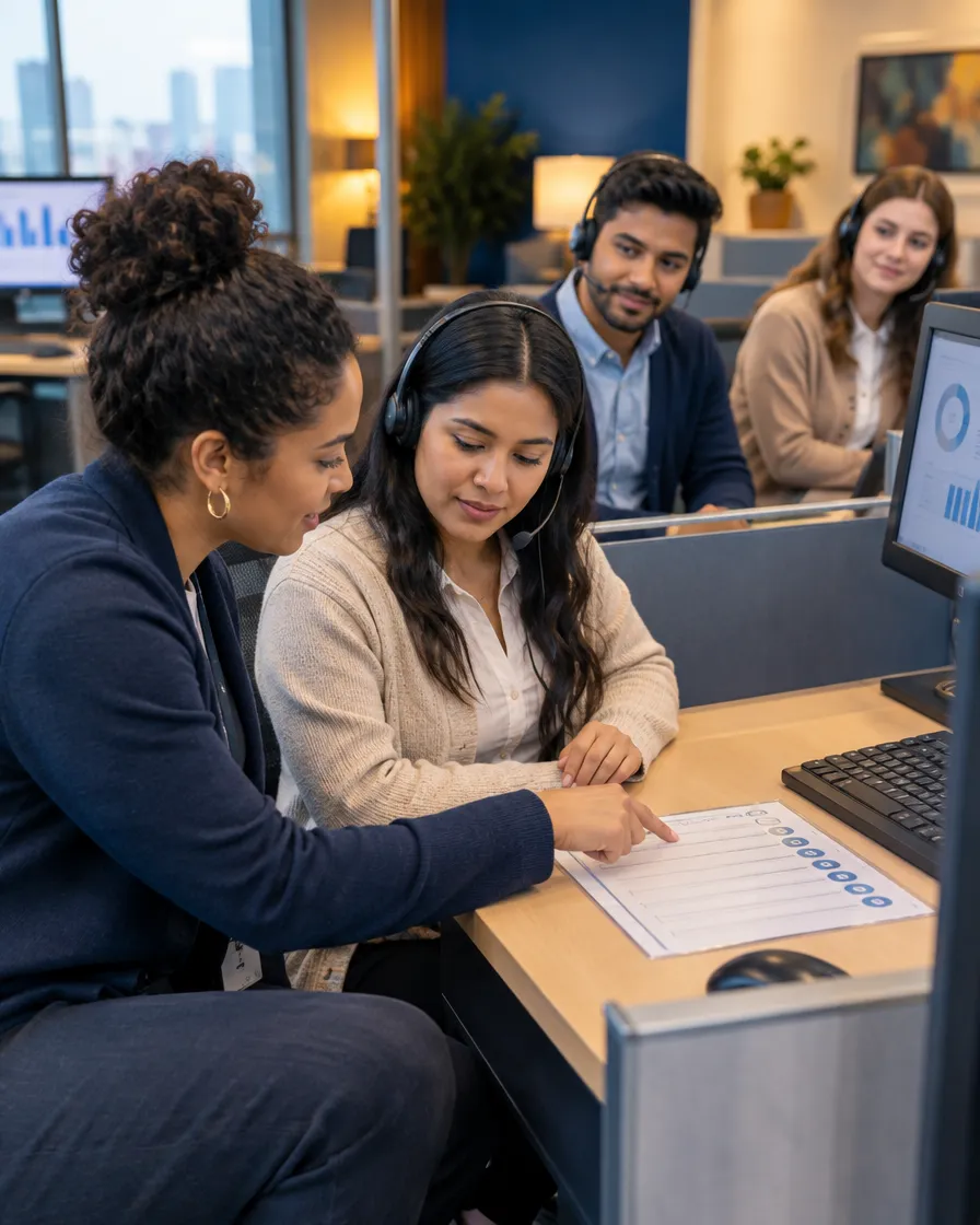 Healthcare team reviewing documents together at their desks
