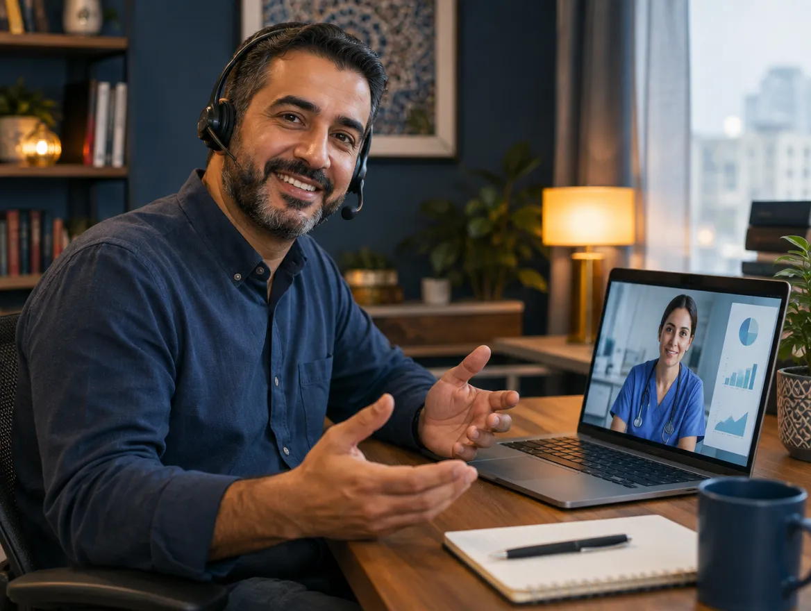 Healthcare support agent in a headset on a video call