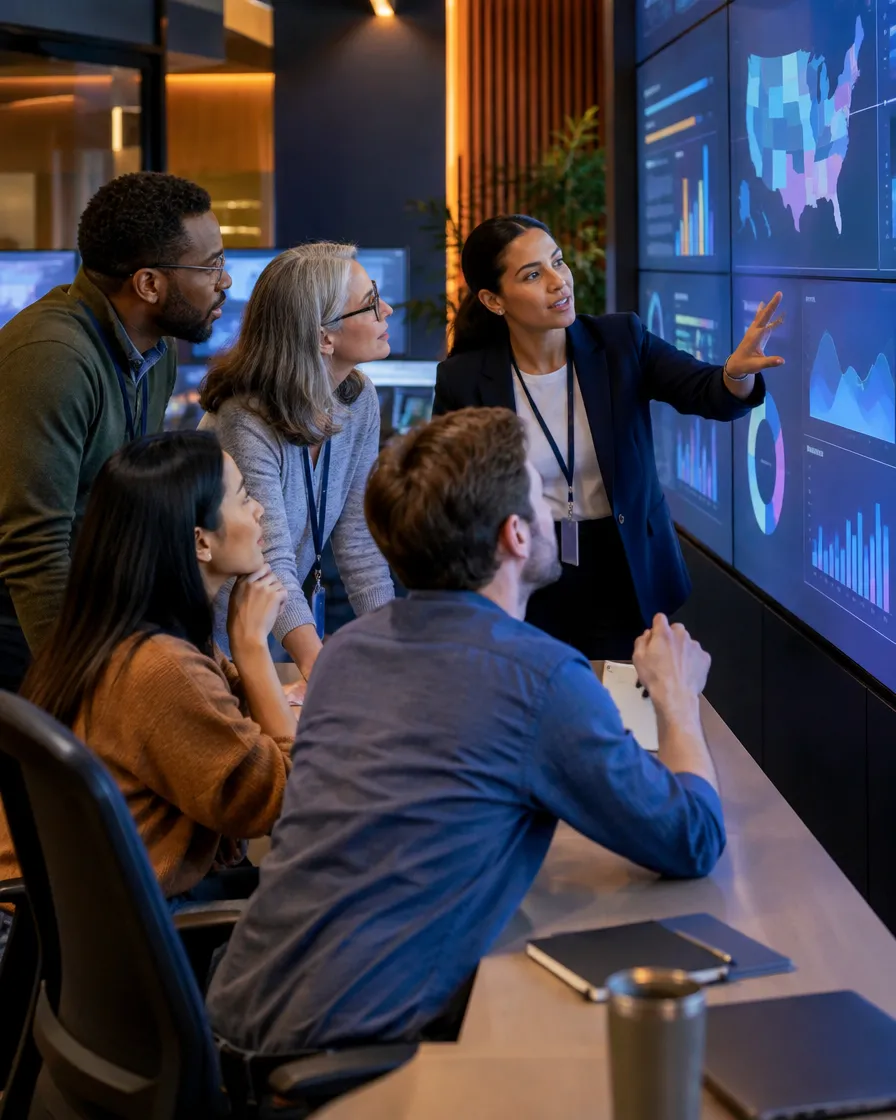 Healthcare team gathered around a presenter with a map display