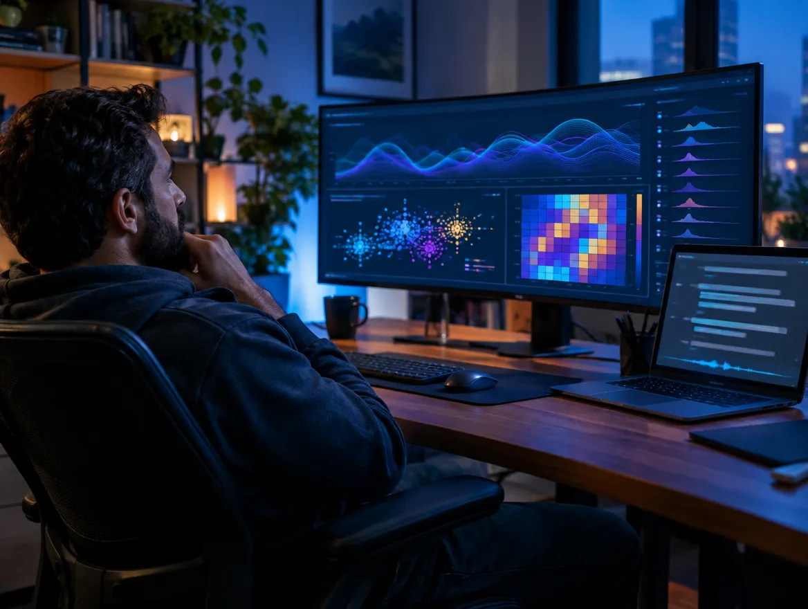 Analyst reviewing technology performance data on monitors