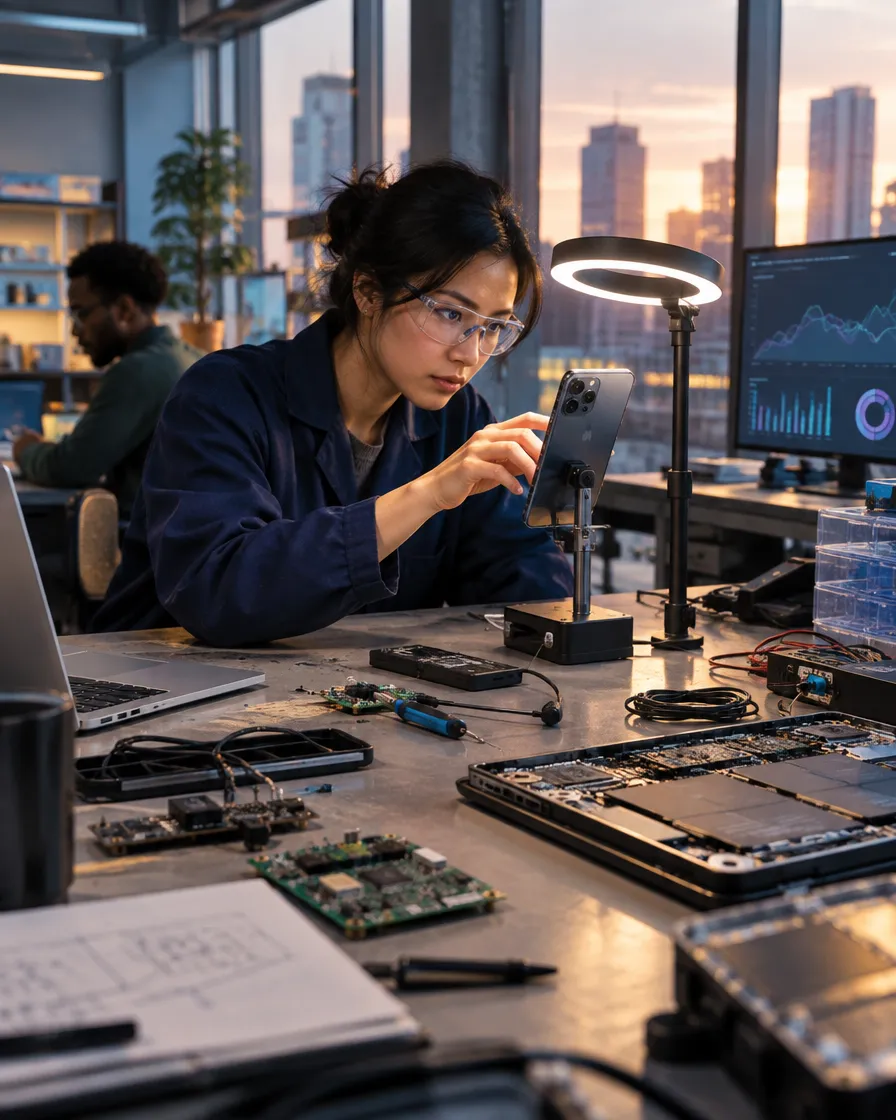 Technician testing electronic devices at a workbench
