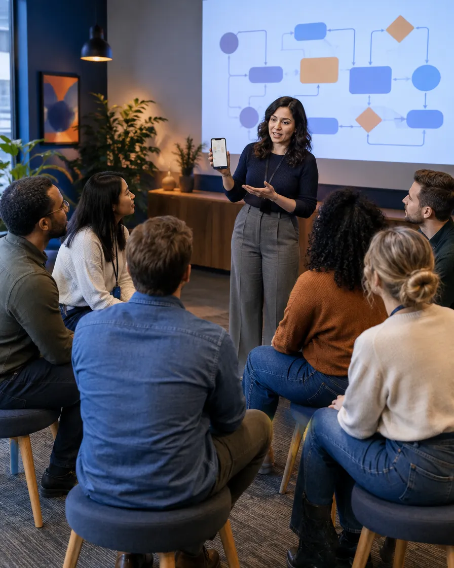 High-tech team attending a presentation with a process diagram