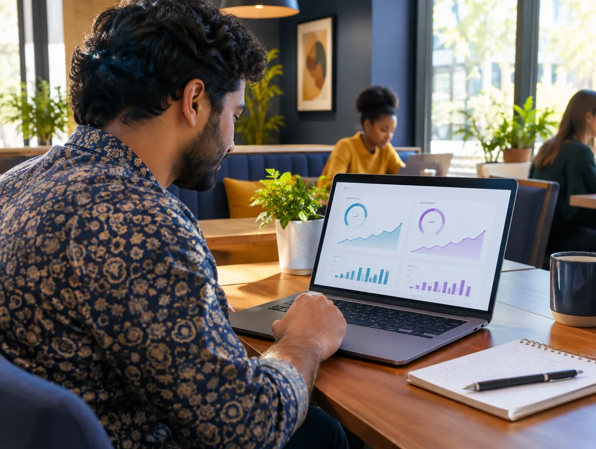 Startup analyst reviewing growth charts on a laptop