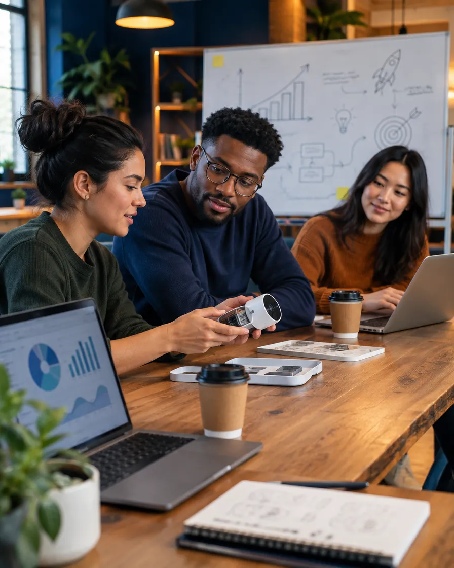 Startup team working together around a table with laptops