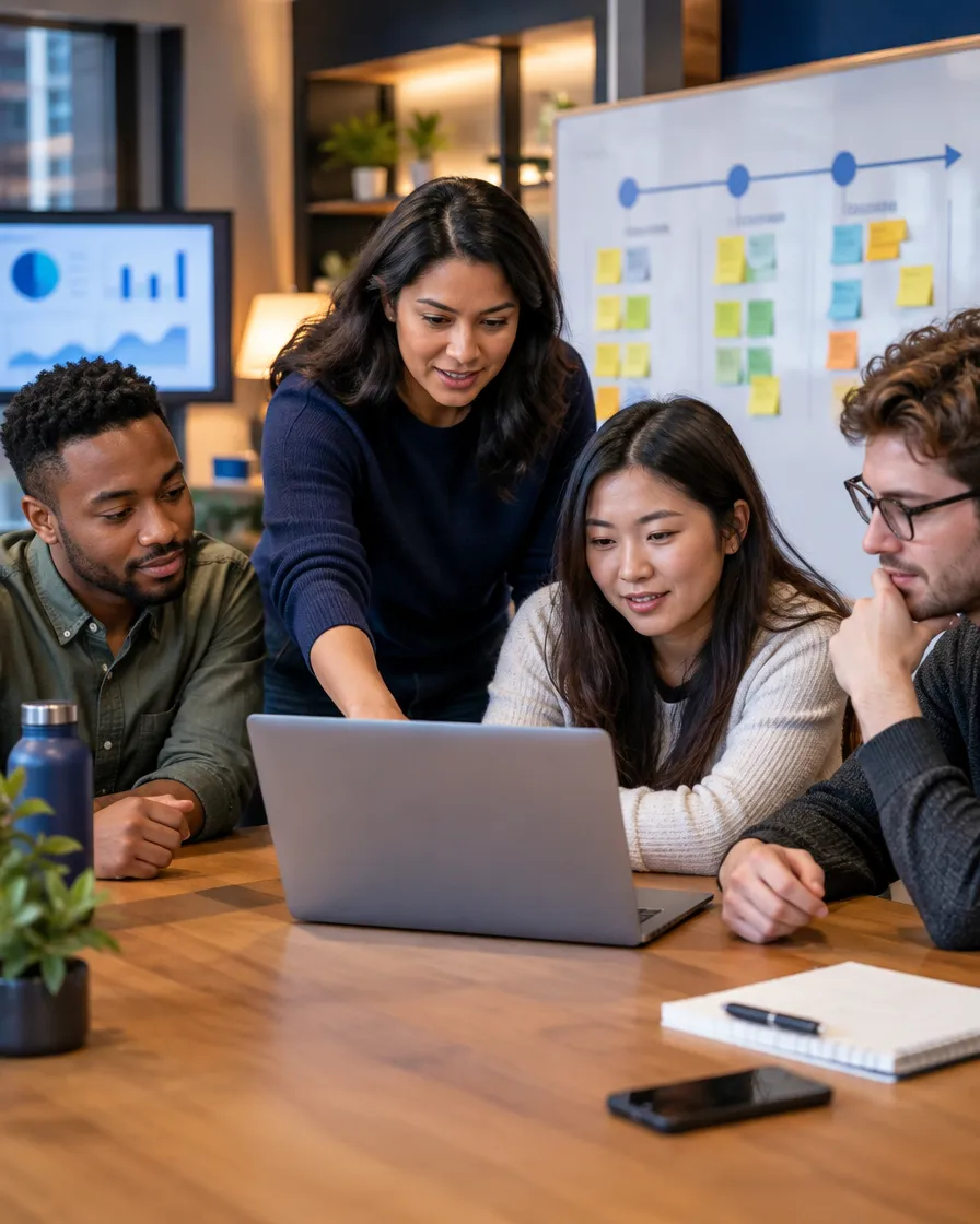 Startup team planning with a sticky-note wall