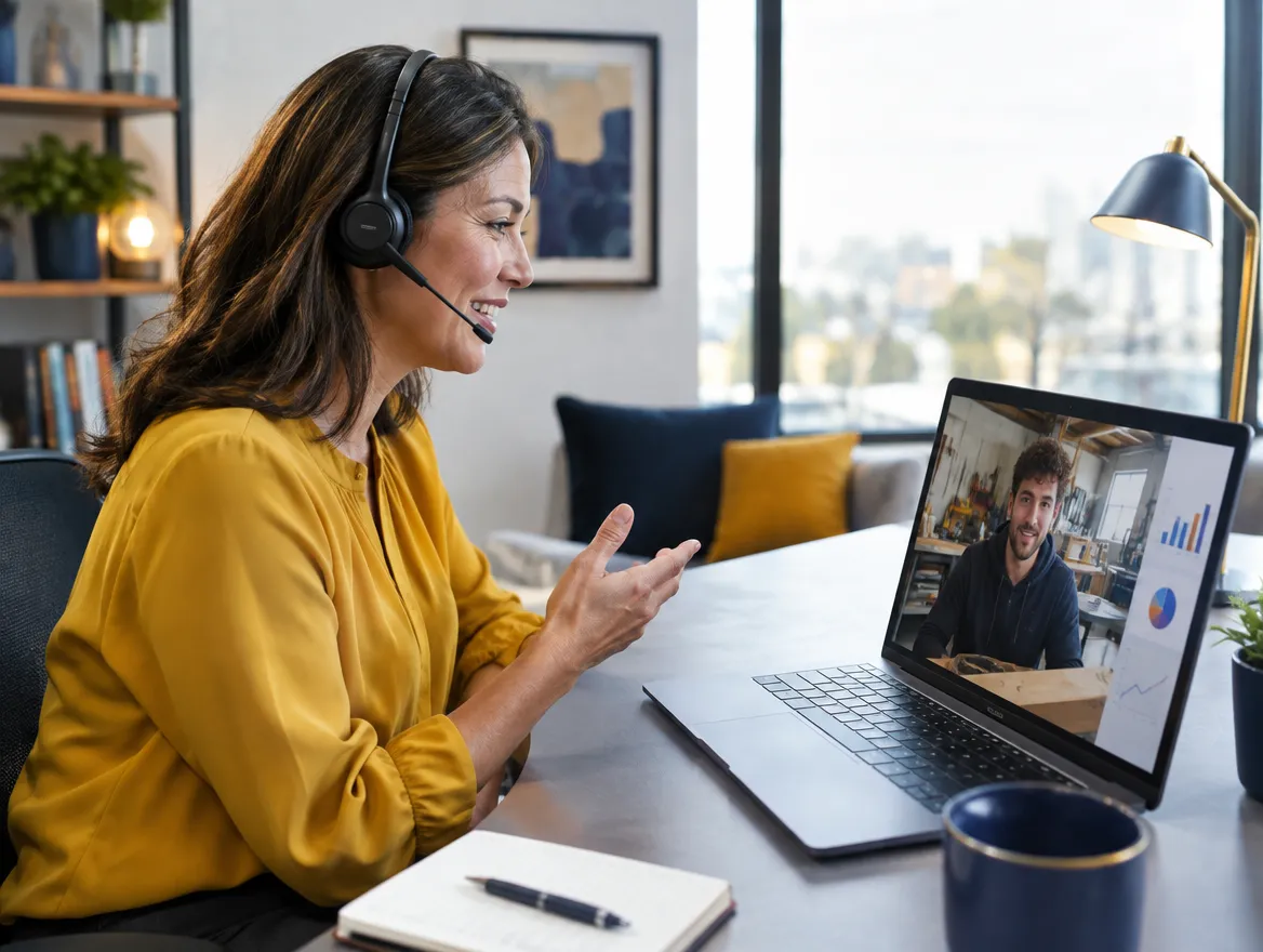 Startup support agent in a headset on a video call
