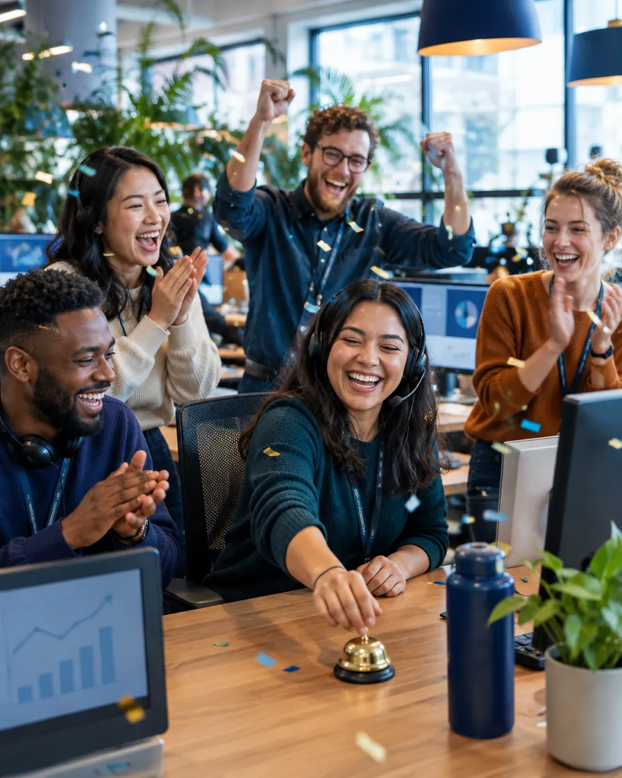 Startup support team celebrating at their desks