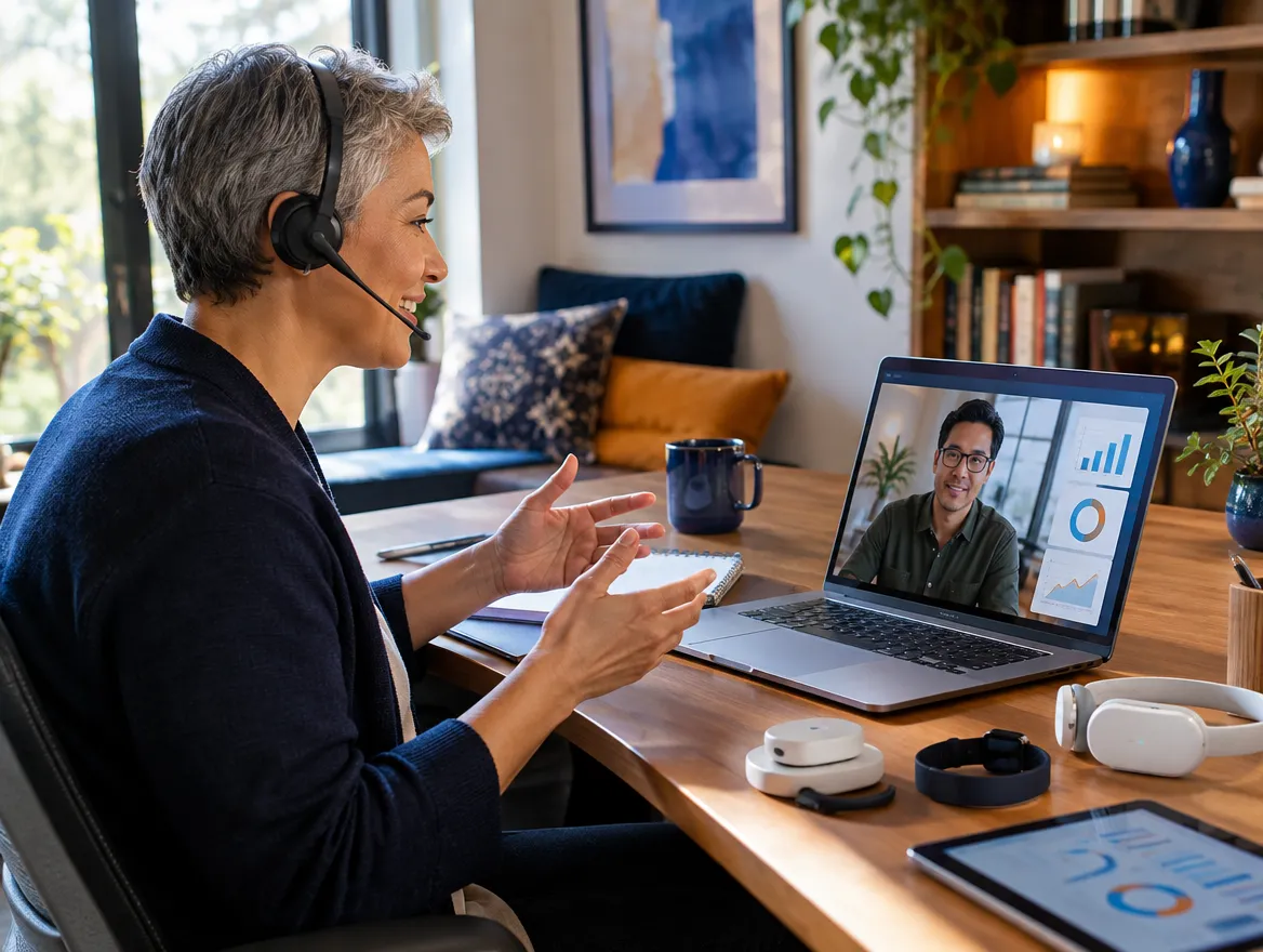Tech support agent in a headset on a video call