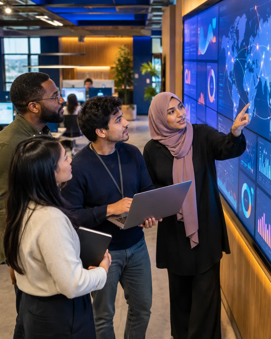Tech team reviewing data on a large interactive screen