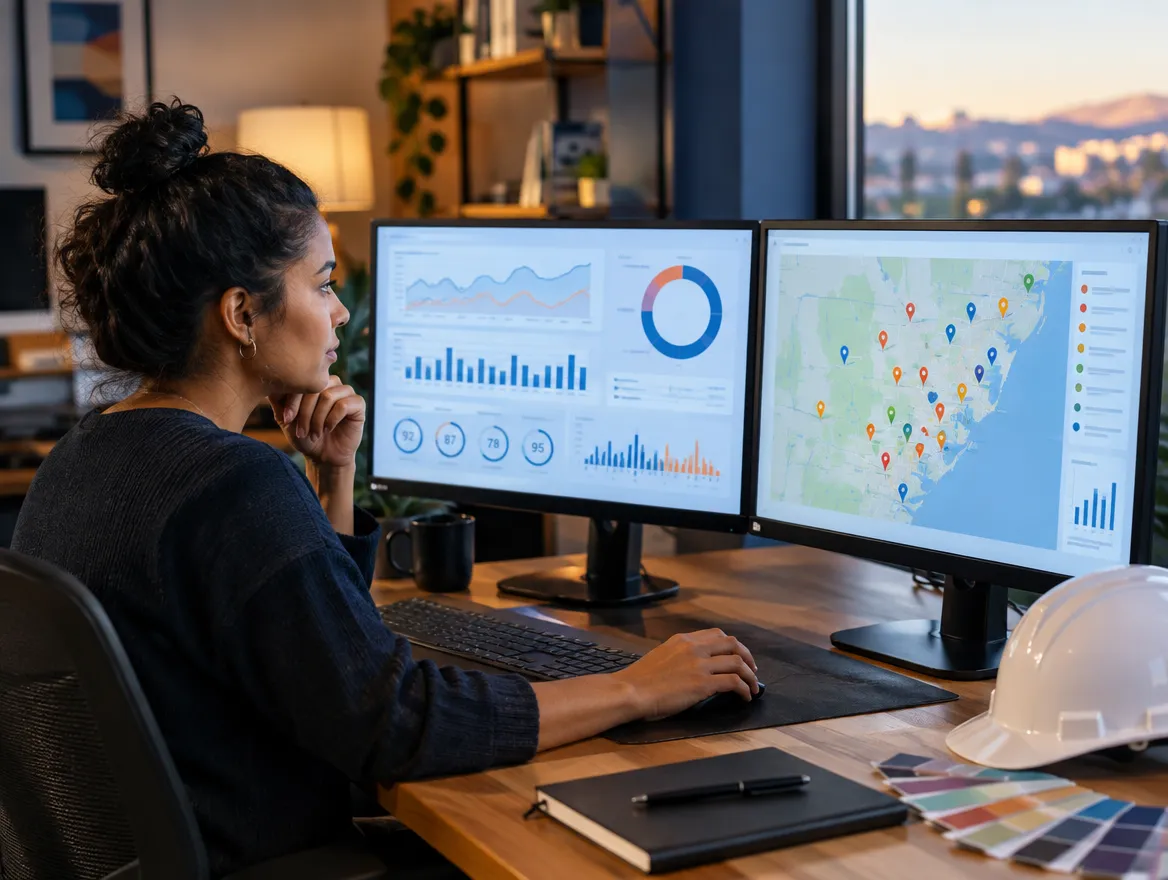 Analyst reviewing home improvement demand data on monitors