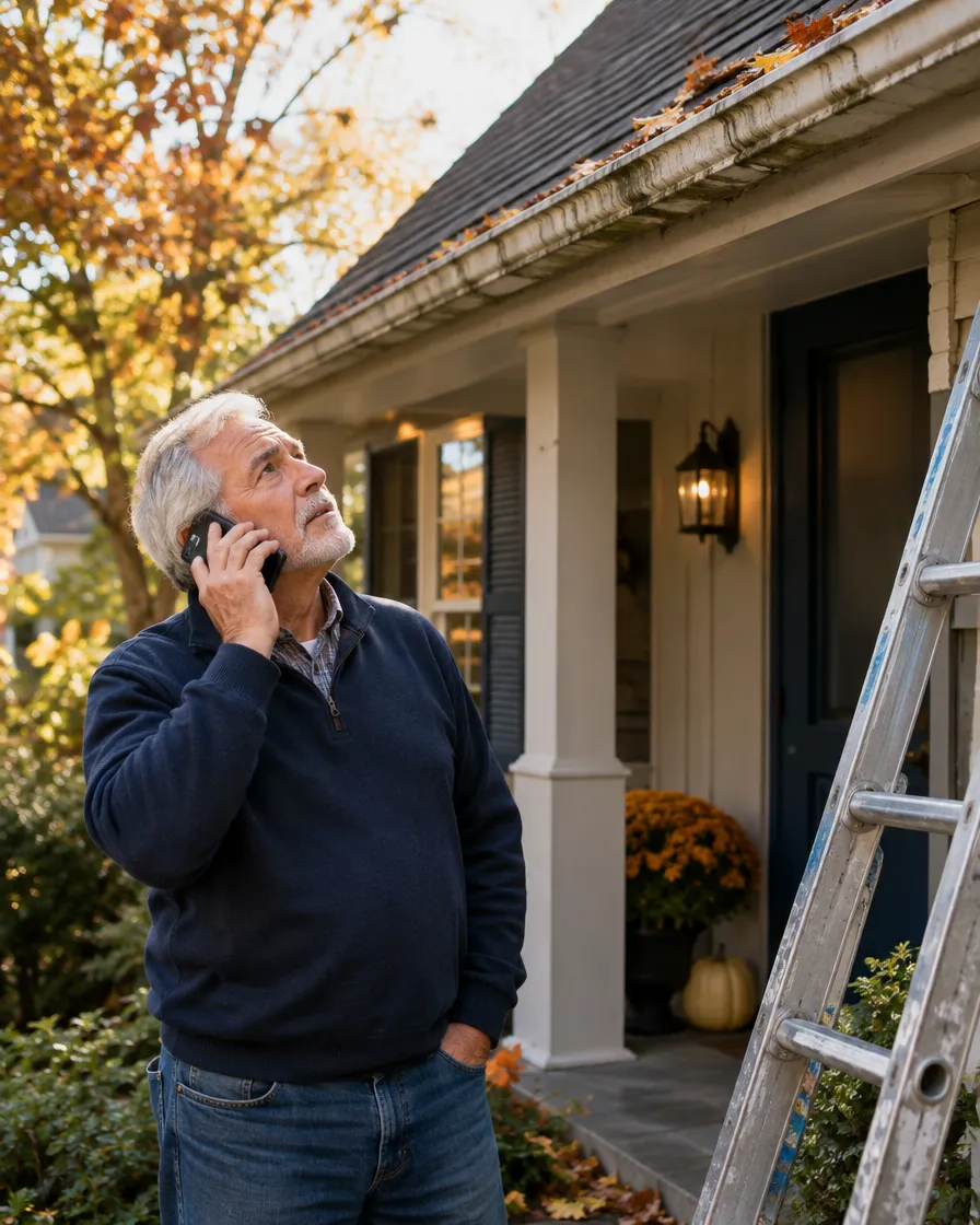 Senior homeowner on the phone beside a ladder outside his house