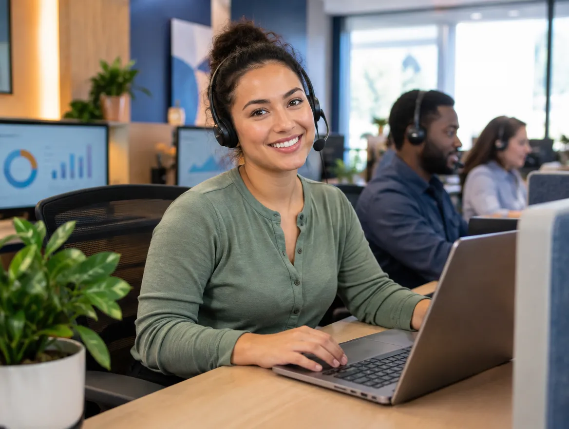 Smiling home improvement support agent in a headset at her laptop