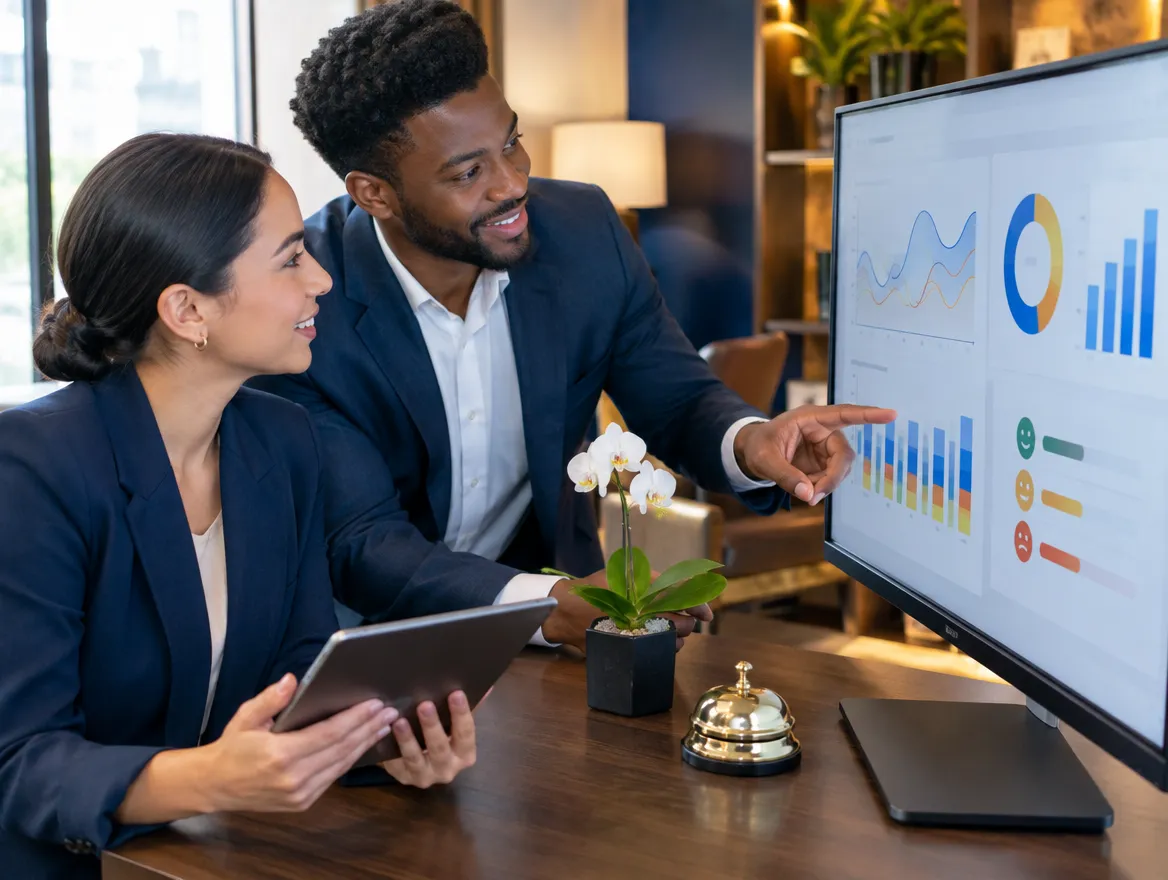 Two hospitality managers reviewing guest data on a monitor