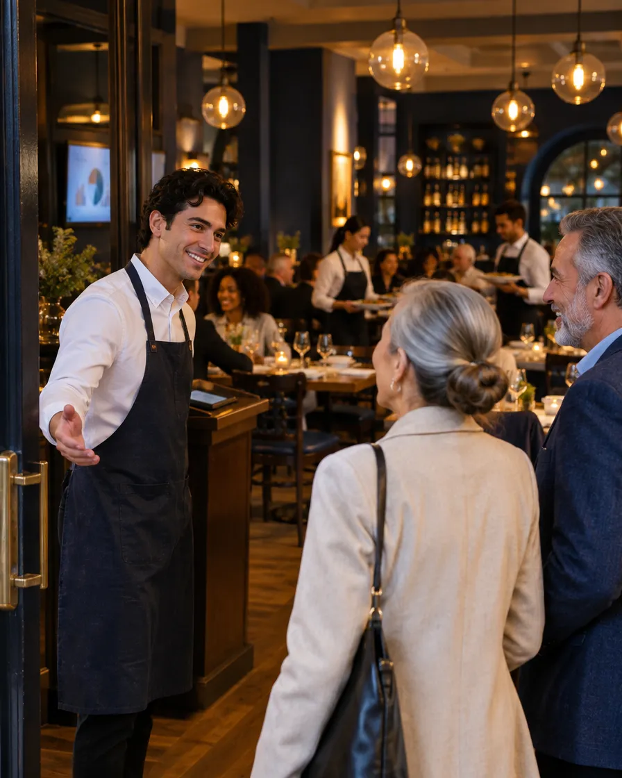 Restaurant host welcoming guests in a busy dining room