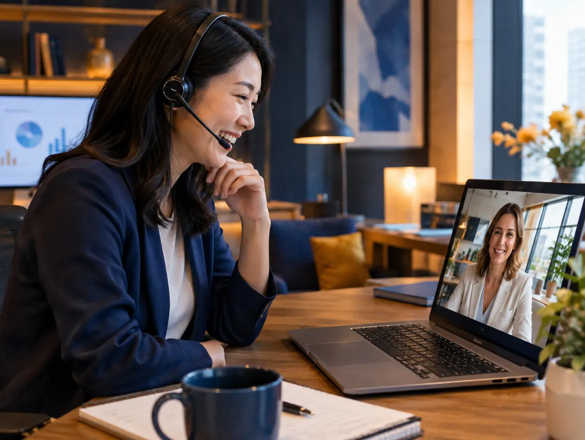 Hospitality support agent in a headset on a video call