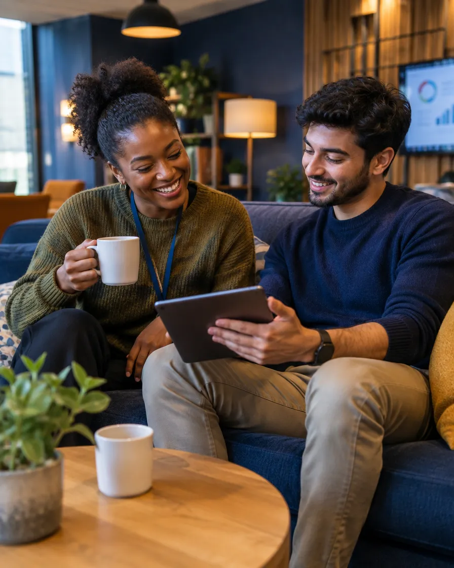 Two colleagues chatting over coffee with a tablet