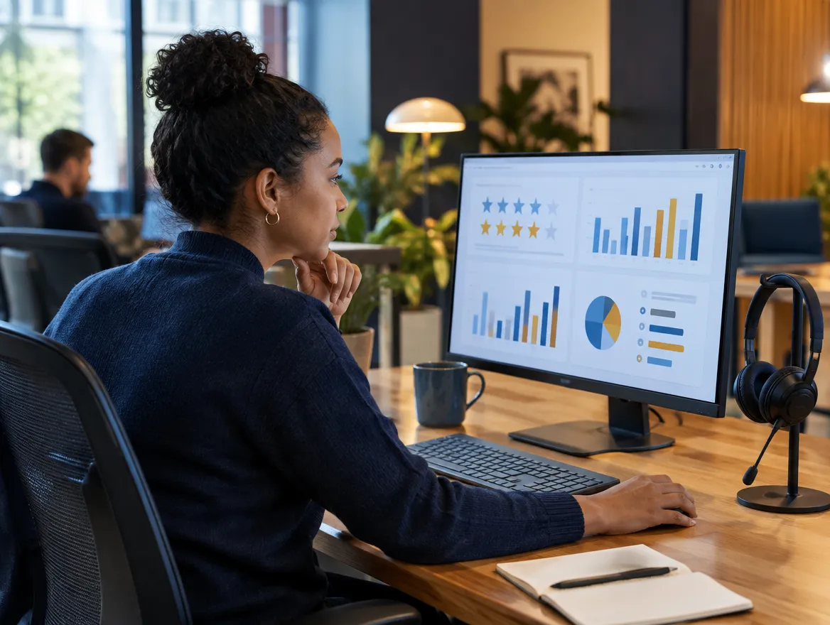 Analyst reviewing hotel booking data on a monitor