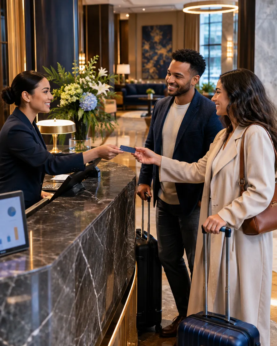 Hotel receptionist greeting guests at the front desk