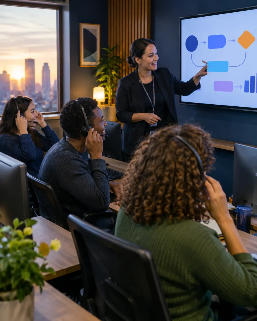 Hotel team meeting with a presenter and a booking workflow on screen