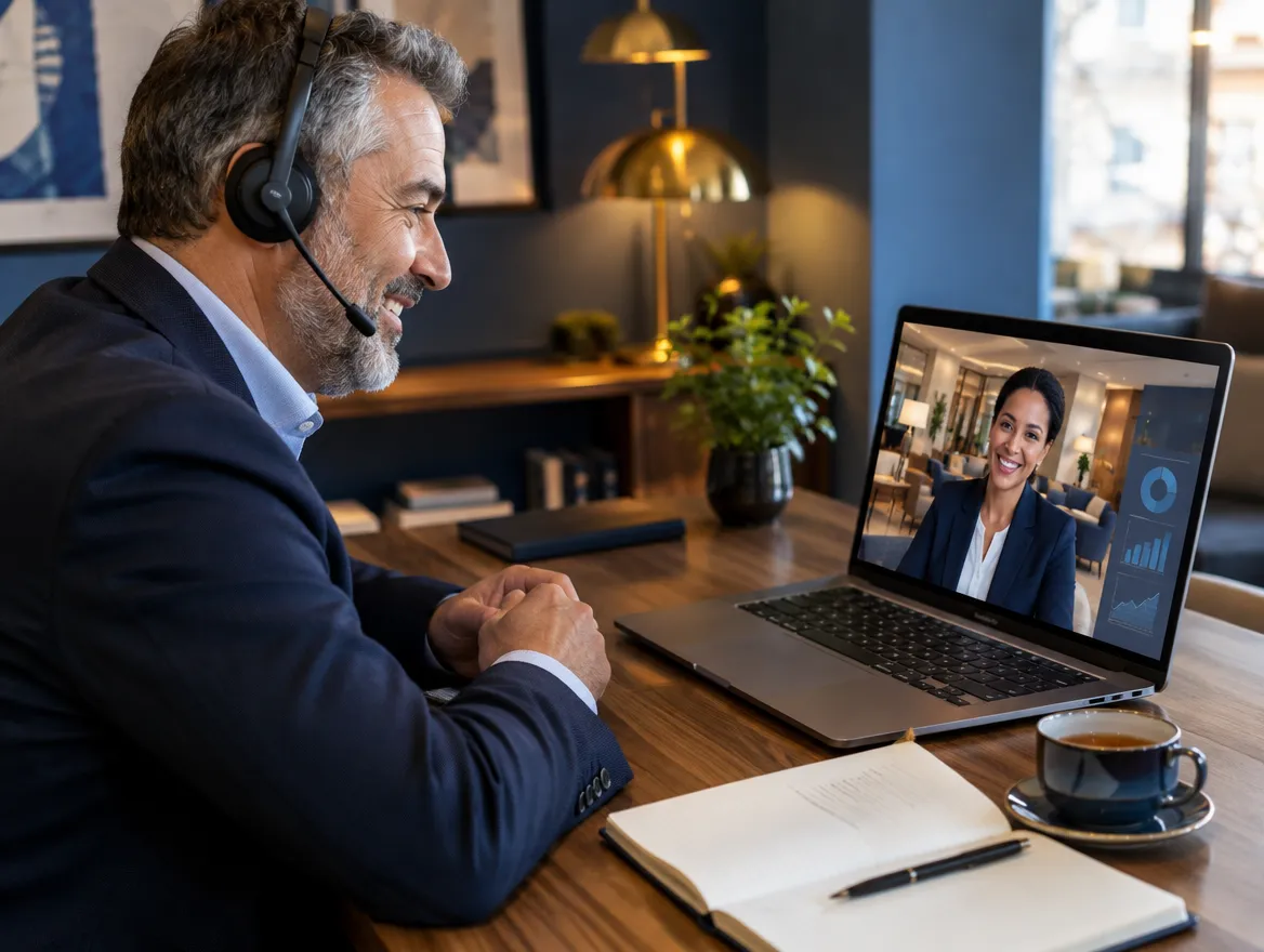 Hotel reservations agent in a headset on a video call