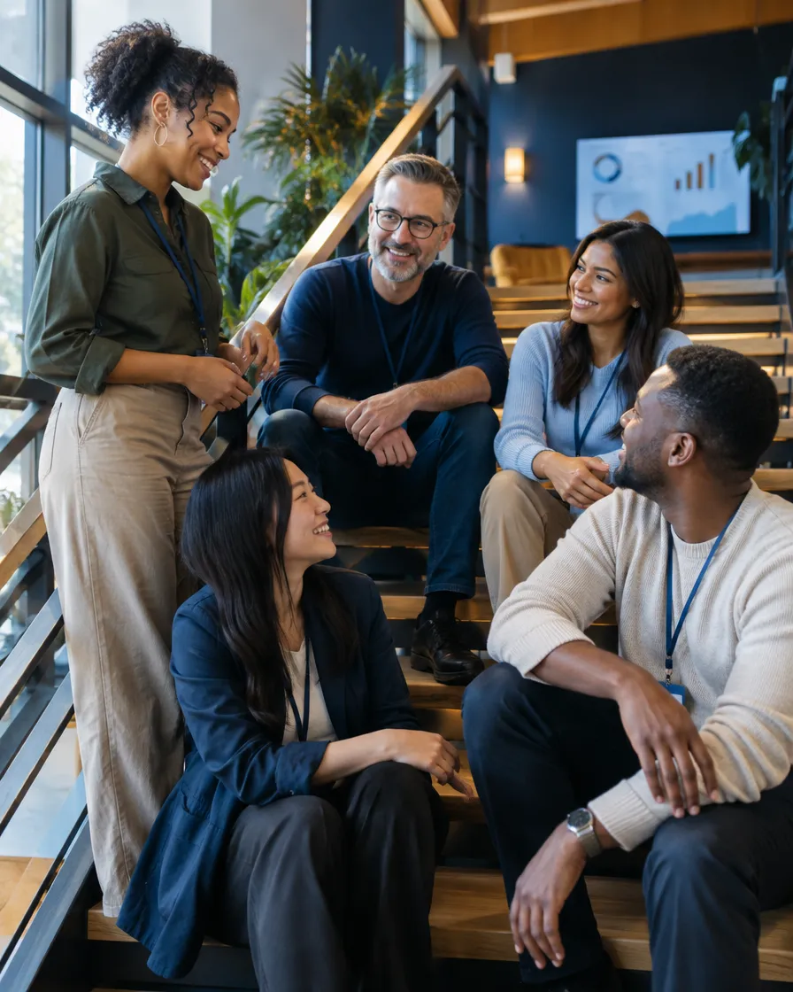 Hotel team chatting on a staircase in the office