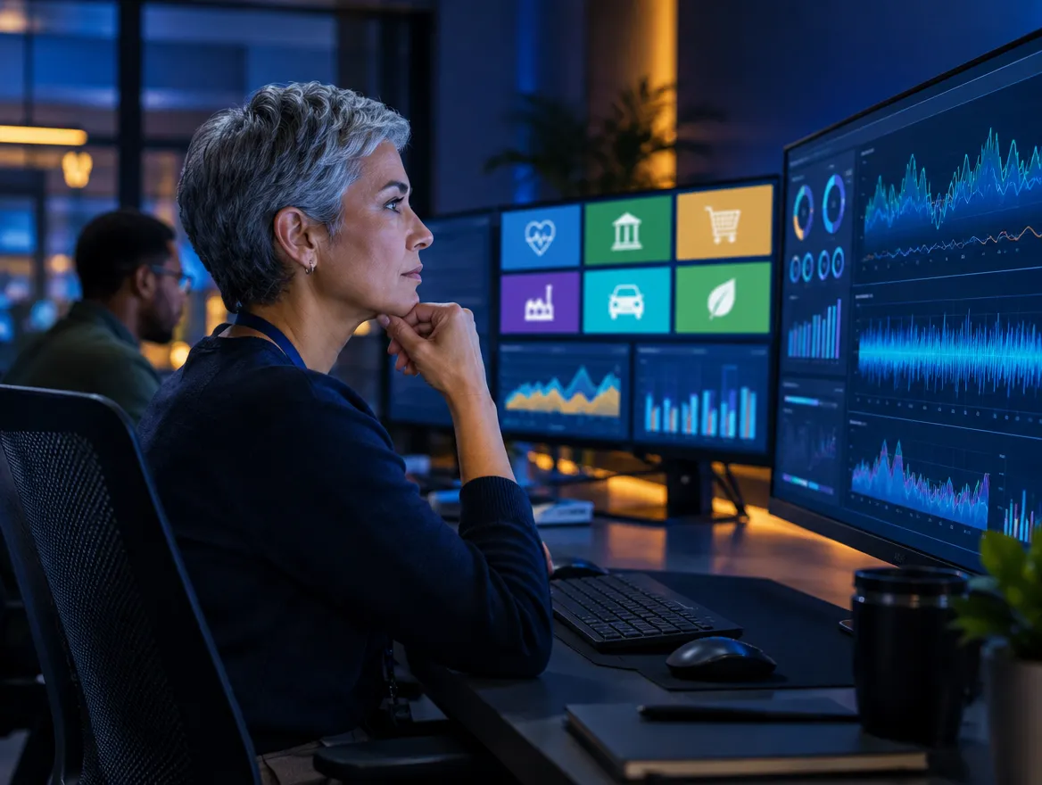 Analyst reviewing industry dashboards on large monitors