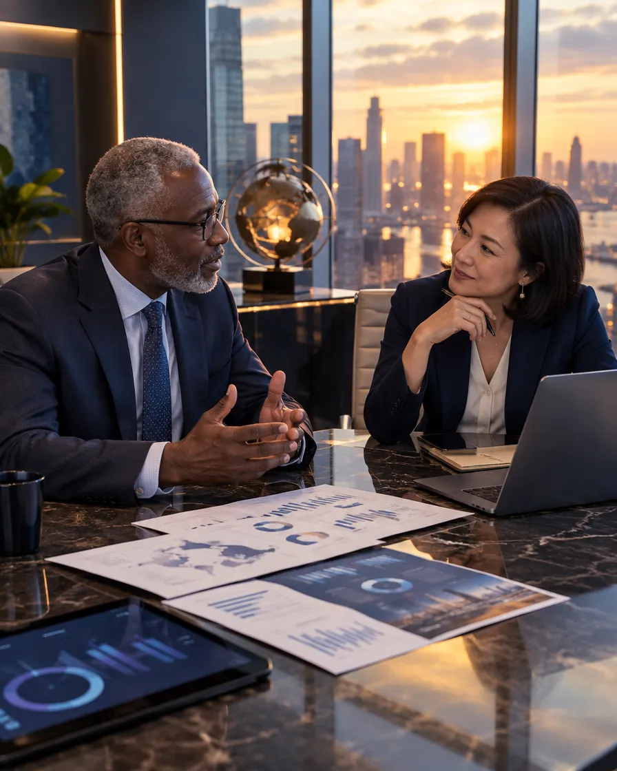 Two executives reviewing documents over a city view at dusk