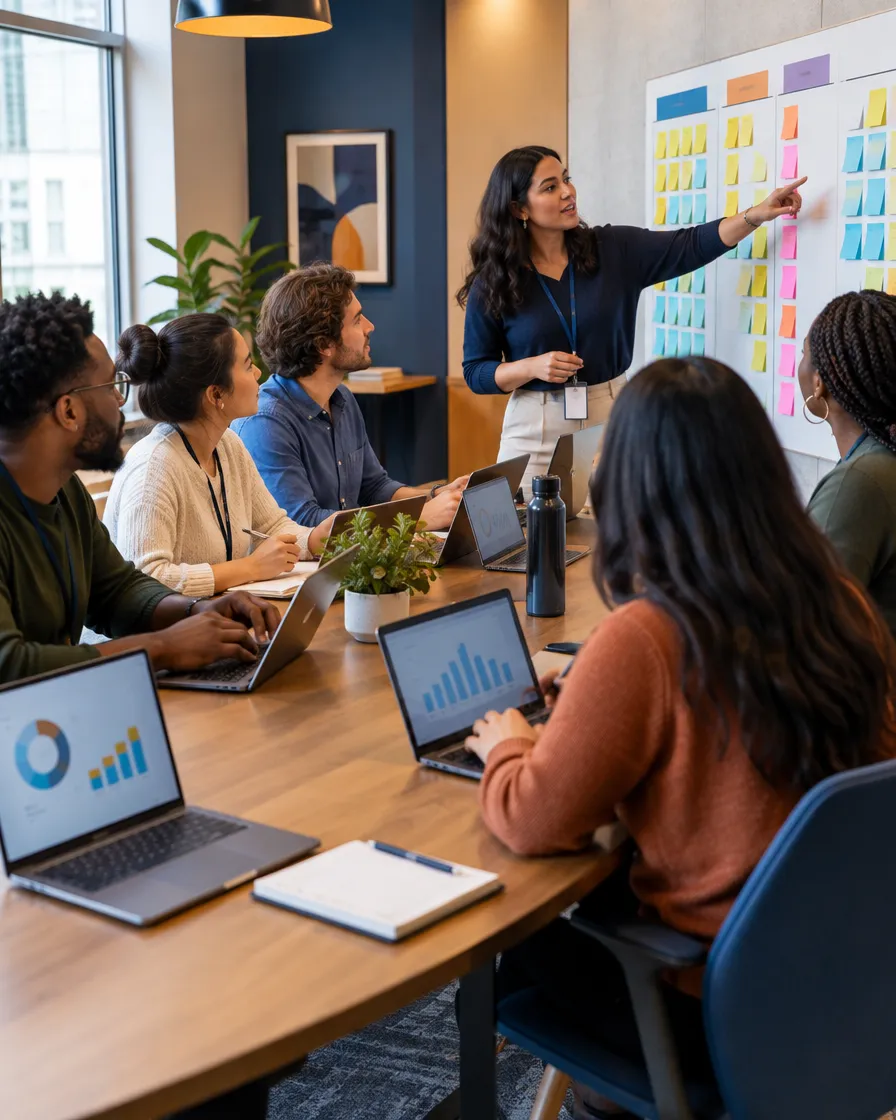 Team attending a presentation with colorful planning boards