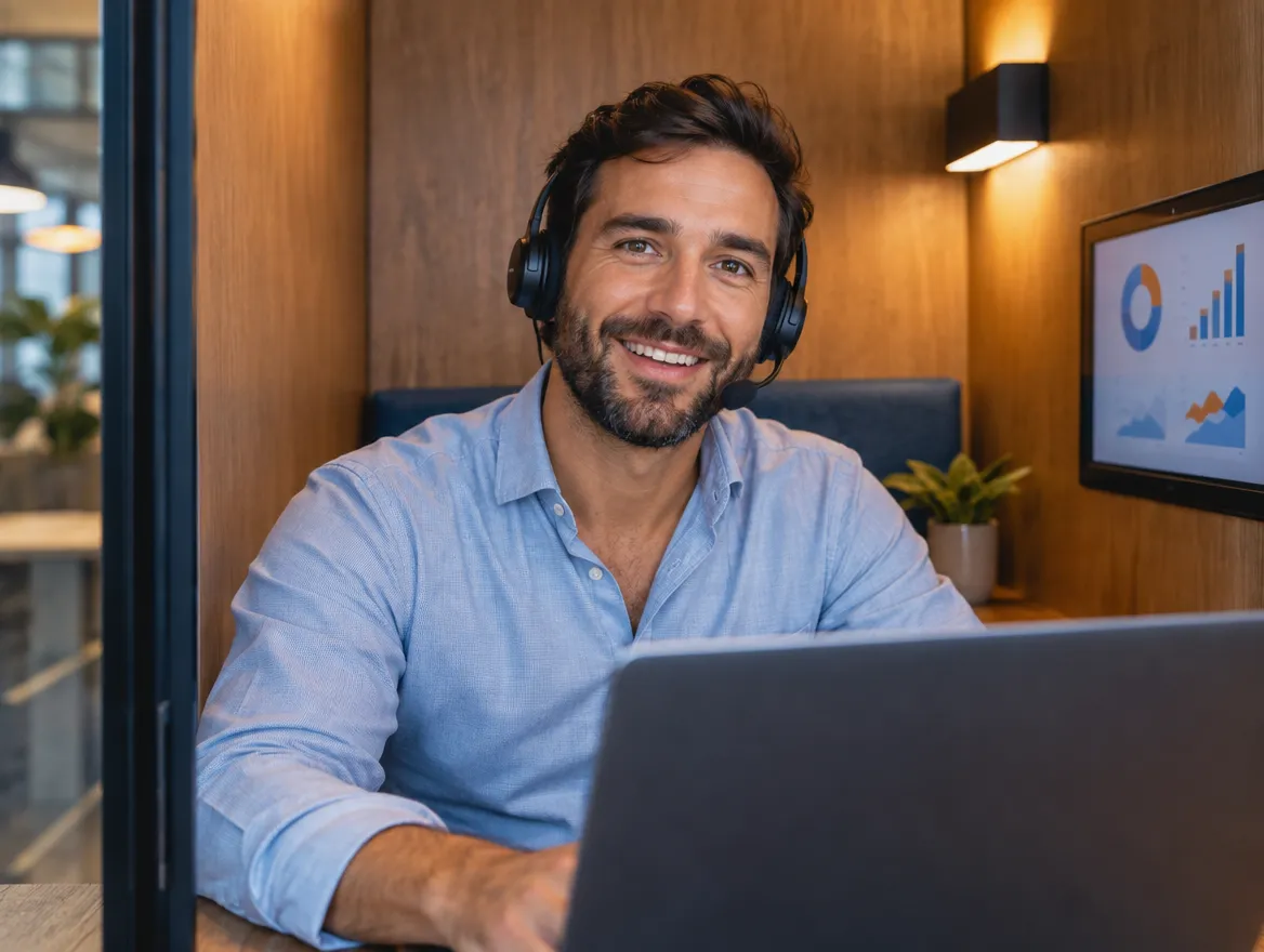 Smiling support agent in a headset at his laptop
