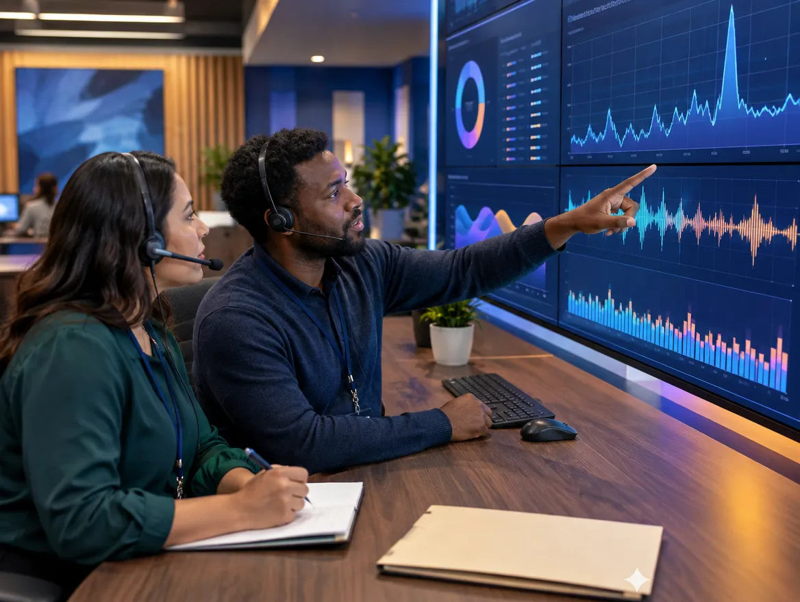 Insurance analysts reviewing claims trends on a large screen