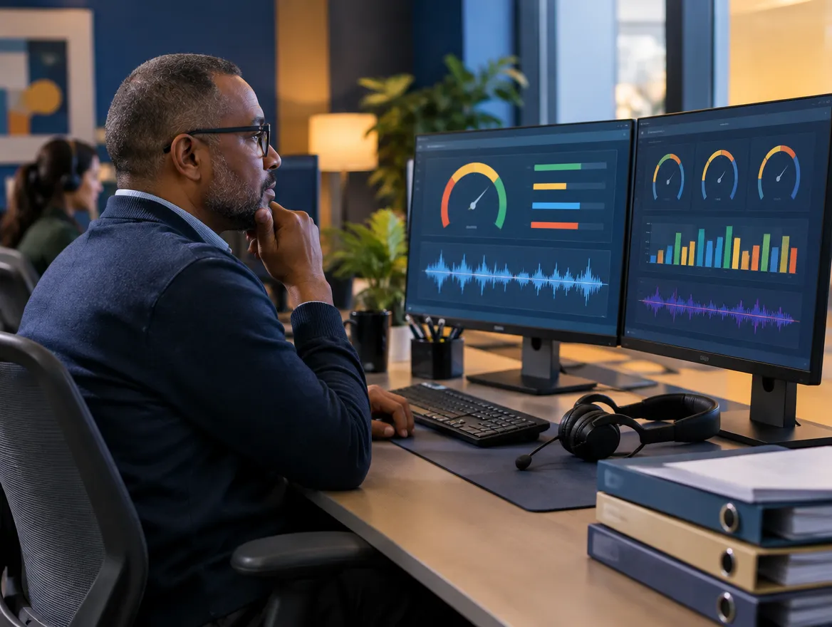 Analyst reviewing insurance performance gauges on monitors