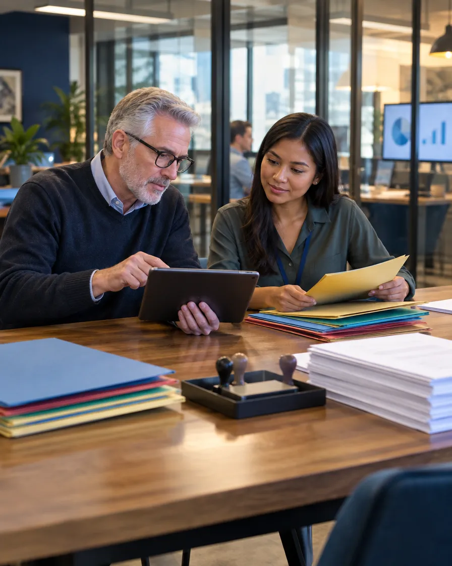Two insurance specialists reviewing policy files at a desk