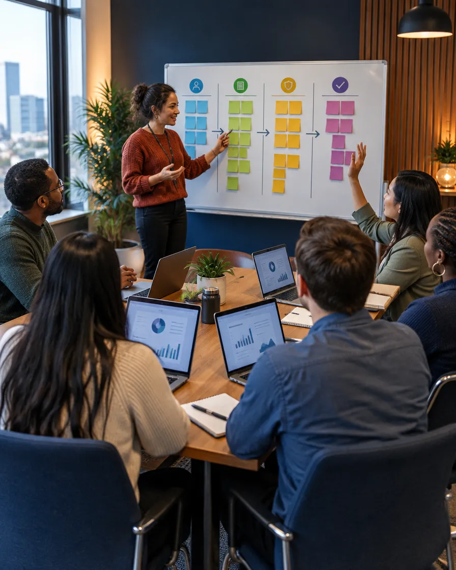 Insurance team attending a presentation with a process board